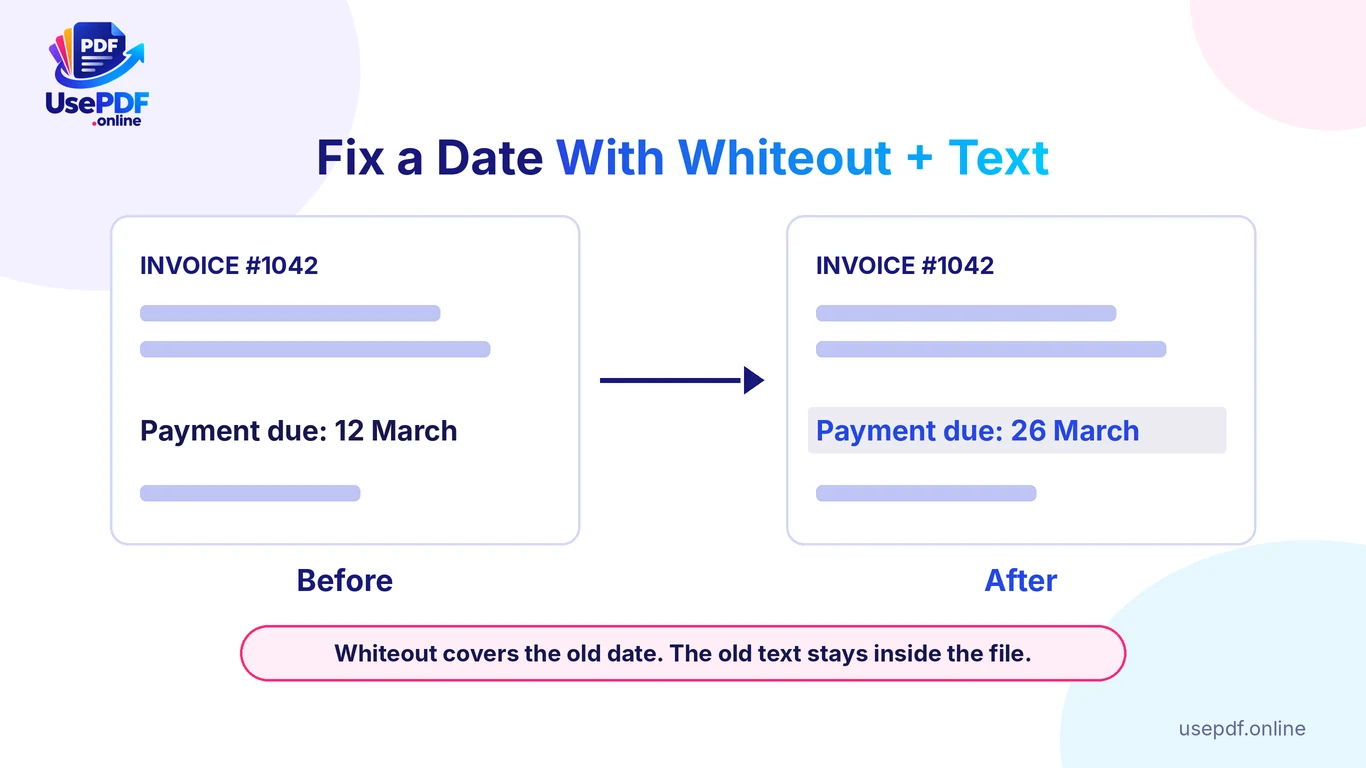 Before and after: date corrected in a PDF with Whiteout and Text